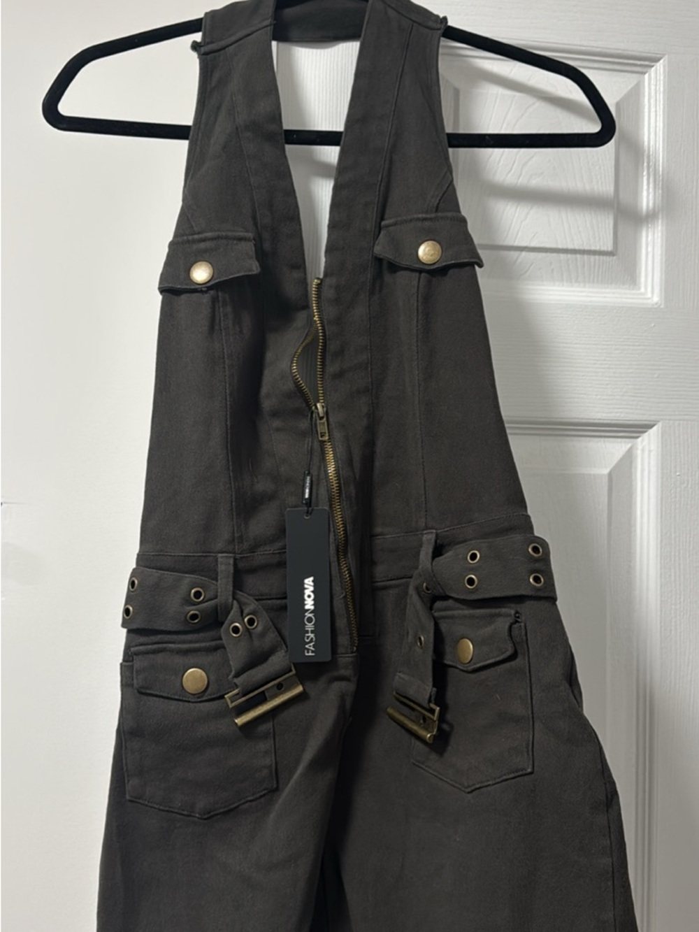 Fashion Nova Dark Brown Cargo Utility Overalls with Brass Accents